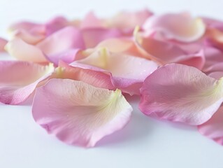 Delicate arrangement of soft pink rose petals on crisp white background. Focus on subtle textures, gentle curves, and pastel hues. Elegant floral composition.