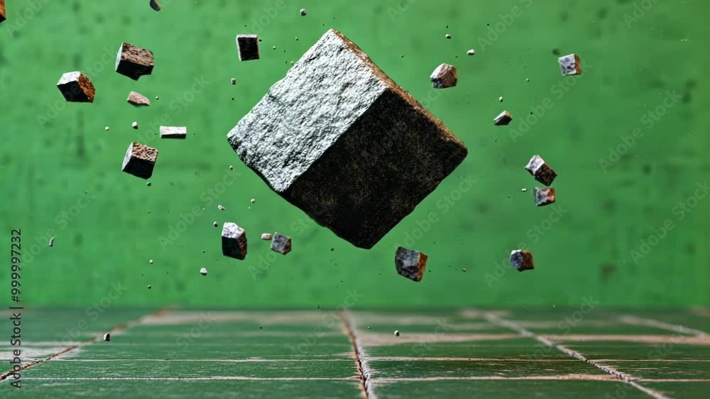 Poster stone cube explodes and levitates on a vibrant green screen, creating chaos and destruction with flo
