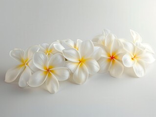 Fototapeta premium Delicate frangipani lei floating gracefully on a pure white background. Soft lighting enhances the flowers' natural beauty, creating a serene and inviting Hawaiian atmosphere.