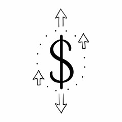 Arrow graph showing sharp upward trend icon, financial success symbol, black and red line art