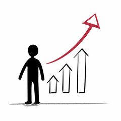 Businessman pointing at bar graph with upward trend icon, financial growth symbol, black and red line art