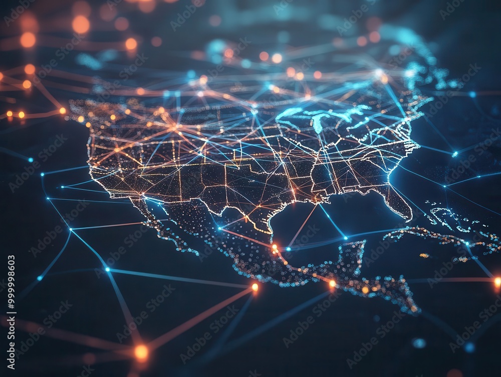 Poster digital network map of usa, glowing connection lines, data visualization concept, tech-inspired repr
