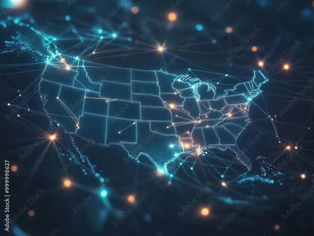 Poster digital network map of usa, glowing connection lines, data visualization concept, tech-inspired repr