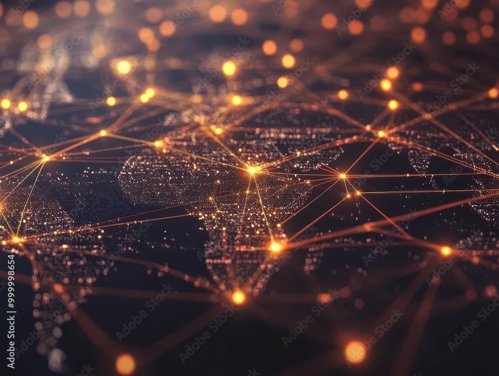 Aufkleber digital neural network glowing nodes interconnected by pulsating data streams. global map backdrop s