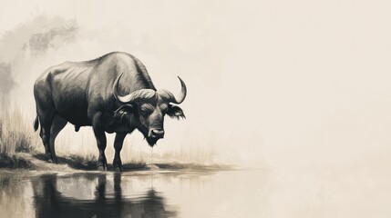 Obraz premium A buffalo standing by a watering hole with a neutral background, providing ample space around the subject for text. -