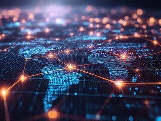 Obraz premium Digital neural network Glowing nodes interconnected by pulsating data streams. Global map backdrop symbolizes worldwide connectivity, representing modern business and communication infrastructure.