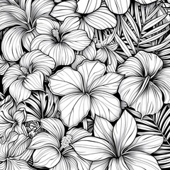 Black and white floral pattern. Black and white flowers isolated on white. Tropical flowers background. Flowers pattern for wallpaper, wall décor, print, card, coloring, banner, decorative panel