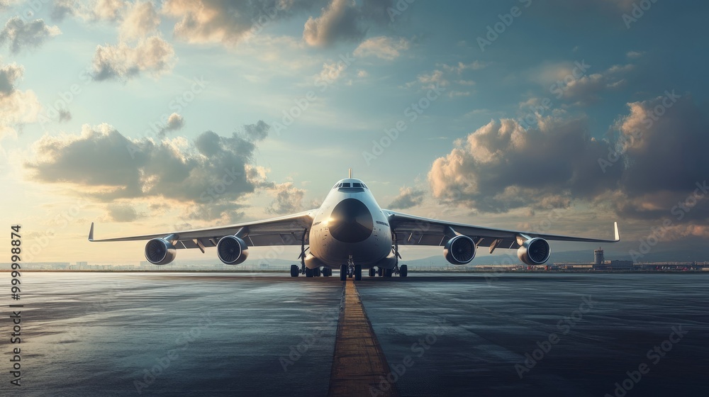 Poster a cargo plane on the runway with a wide-open sky and ample space for text.