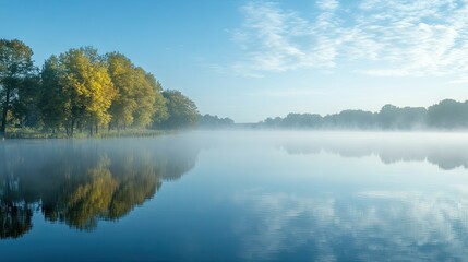 Obraz premium A calm lake surrounded by a sea of fog with reflections of trees, offering plenty of space in the sky for text or copy.