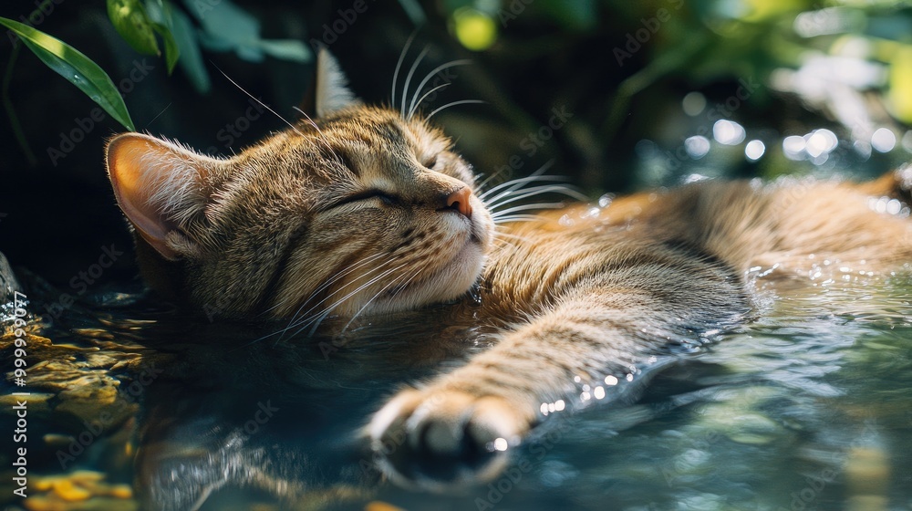 Poster a cat lying in a shallow stream with its paws submerged, with a clear, serene background for copy.