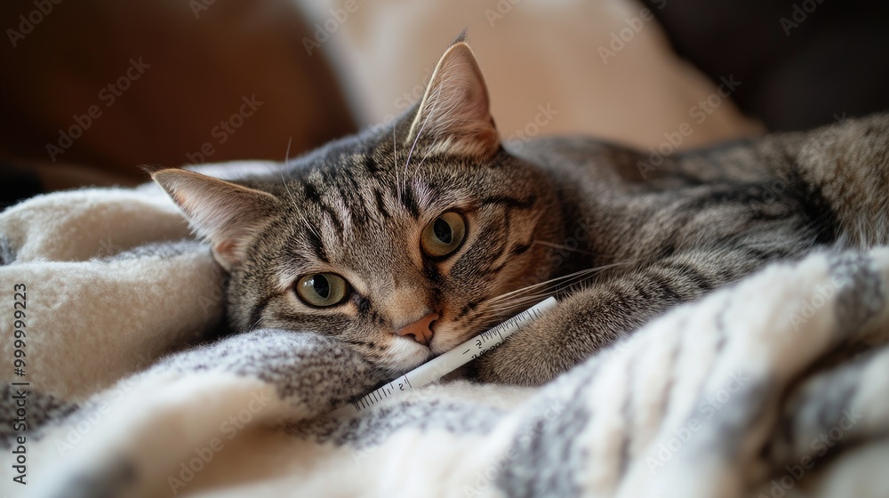 Poster a cat with a thermometer in its mouth, lying on a blanket with a clear background, offering space fo