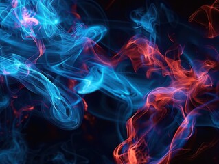 Fototapeta premium Dramatic clash of blue and red smoke effects on black background. Swirling tendrils create dynamic shapes, symbolizing conflict or competition. Neon-like glow adds intensity to the abstract design.