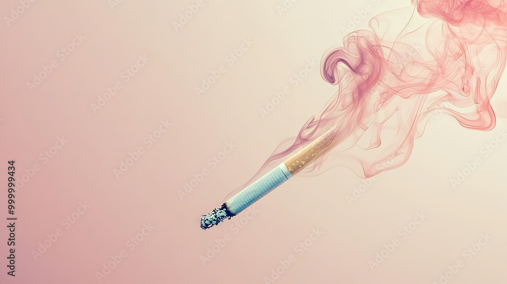 Poster a cigarette with smoke creating patterns in the air, set against a clean background with space for a