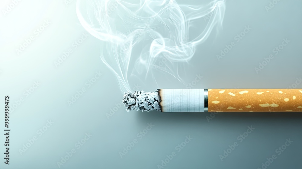 Poster a cigarette with smoke creating patterns in the air, set against a clean background with space for a