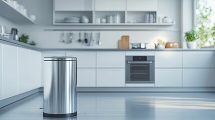 Fototapeta premium A clean, empty rubbish bin in a modern kitchen, with plenty of space around for text.