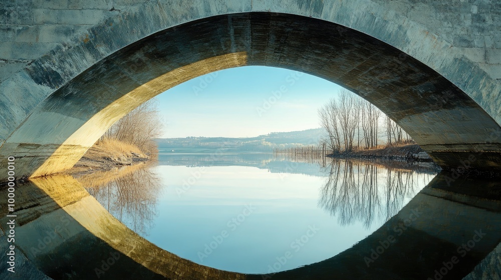 Poster a close-up of a bridge's arch reflected in the water below, with a large area of clear sky above for