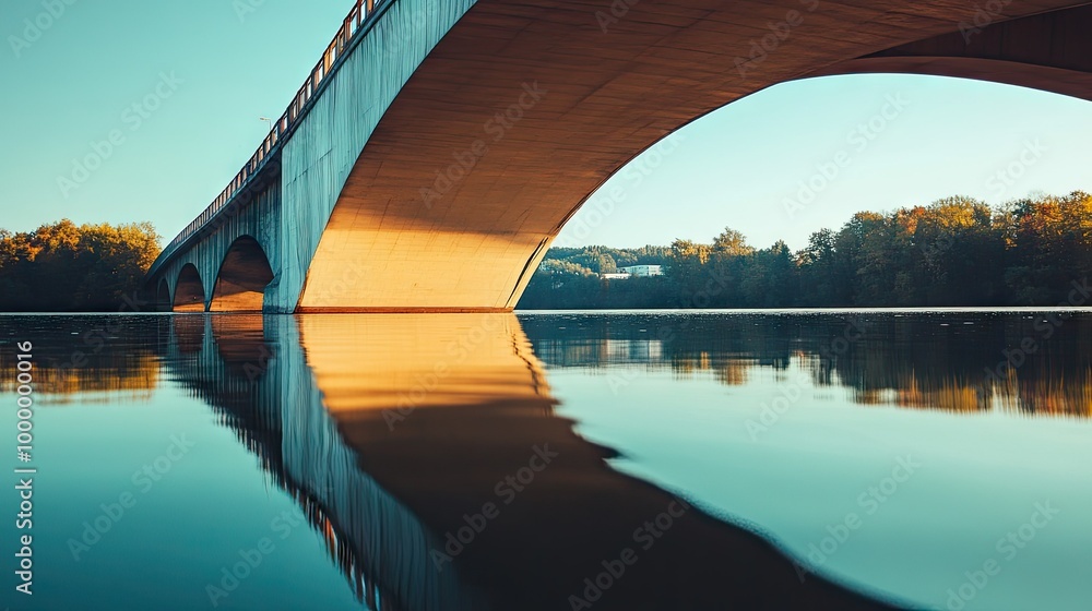 Poster a close-up of a bridge's arch reflected in the water below, with a large area of clear sky above for