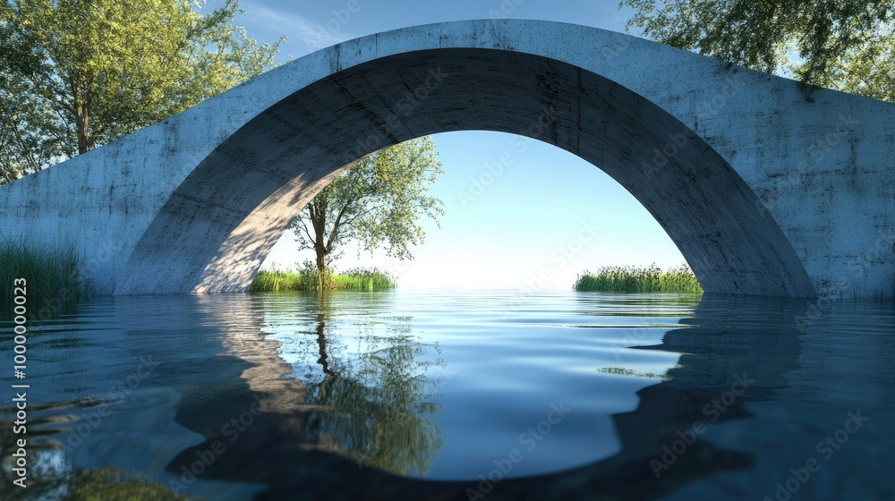 Poster a close-up of a bridge's arch reflected in the water below, with a large area of clear sky above for