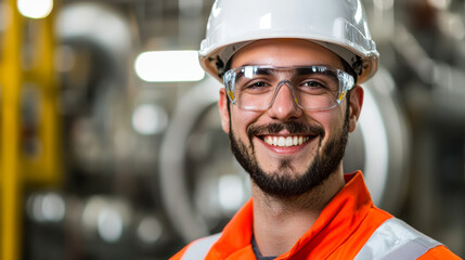Smiling industrial worker wearing safety gear.