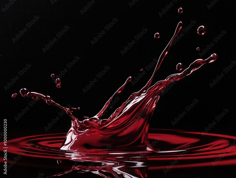 Poster dramatic splash of deep red wine. liquid sculpture frozen in time against black background. droplets