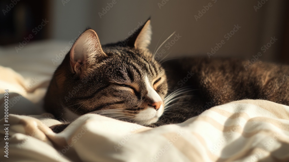 Poster a close-up of a cat with a tired look resting on a bed, with a soft-focus background providing ample