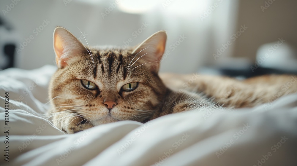 Poster a close-up of a cat with a tired look resting on a bed, with a soft-focus background providing ample
