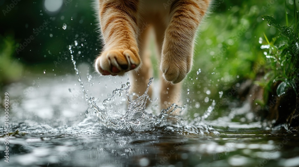 Poster a close-up of a cat's paws splashing in a shallow stream, with an open, blurred background for text.