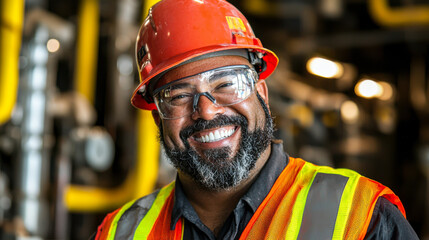 Smiling industrial worker in safety gear.