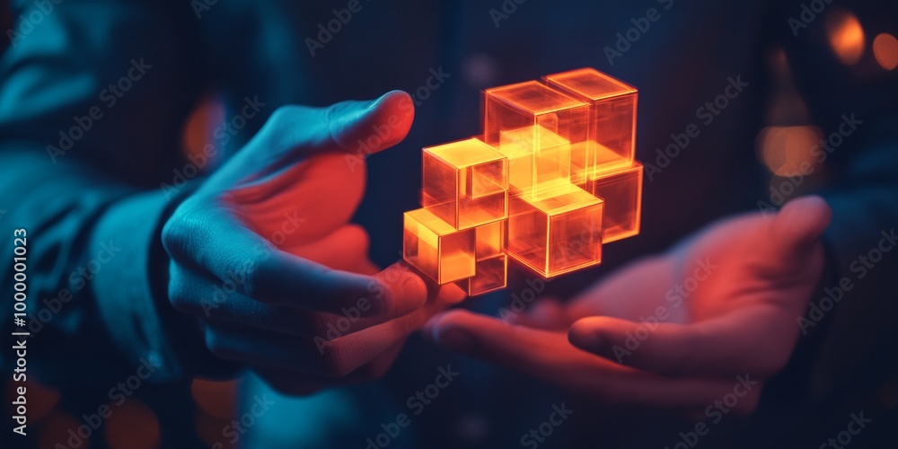 Poster hands holding glowing cubes represent innovation and creativity. this image captures the essence of 