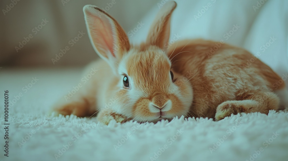 Poster a close-up of a rabbit with a weak posture lying in a clean, simple environment, providing plenty of