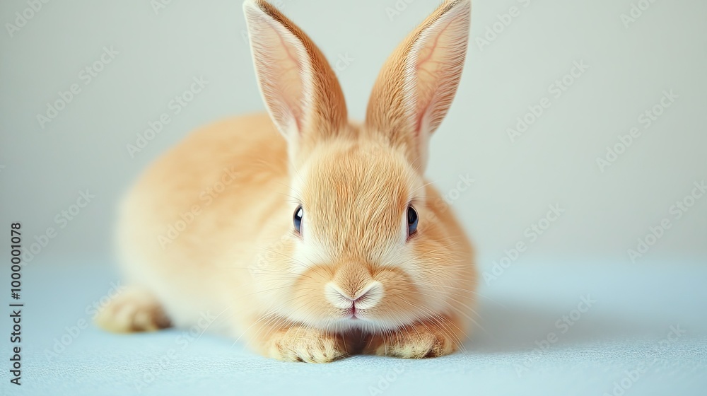 Poster a close-up of a rabbit with a weak posture lying in a clean, simple environment, providing plenty of
