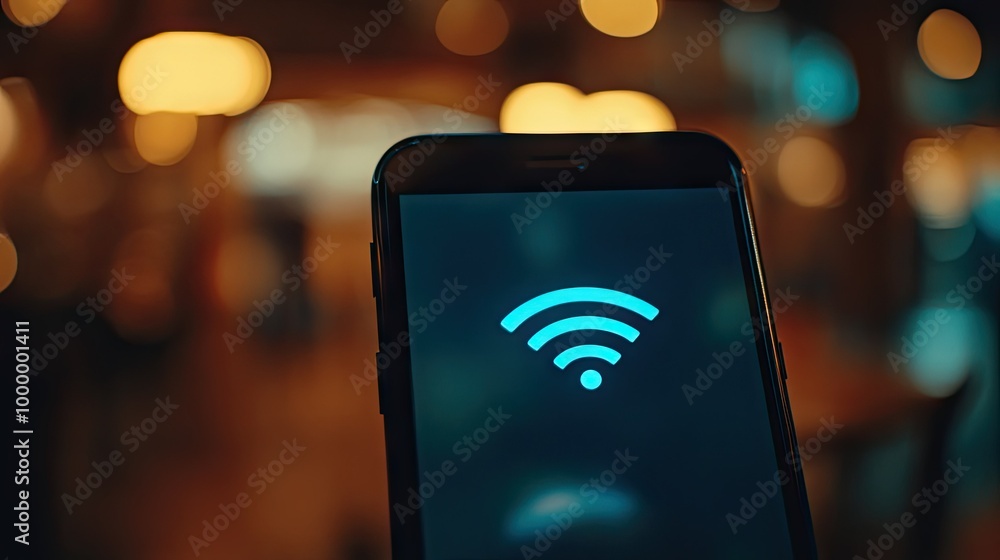 Poster a close-up of a smartphone screen showing a strong wi-fi signal with a blurred background, leaving s
