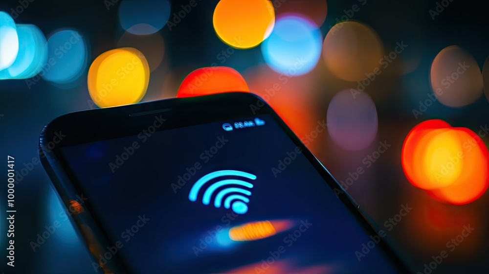 Poster a close-up of a smartphone screen showing a strong wi-fi signal with a blurred background, leaving s