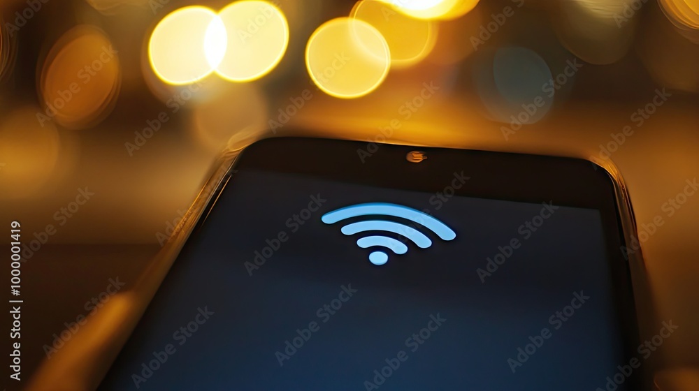Poster a close-up of a smartphone screen showing a strong wi-fi signal with a blurred background, leaving s