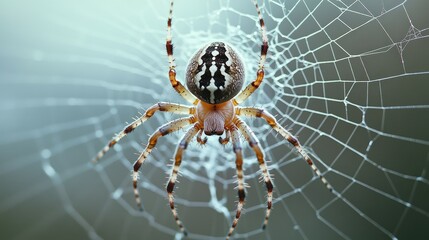 A close-up of a spider sitting in the center of its web, with a neutral background for text or copy.
