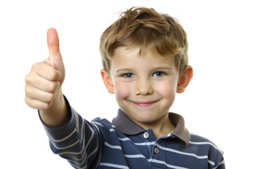A young boy joyfully giving a thumbs up, showcasing his cheerful spirit against a bright white background in a playful moment. Generative AI