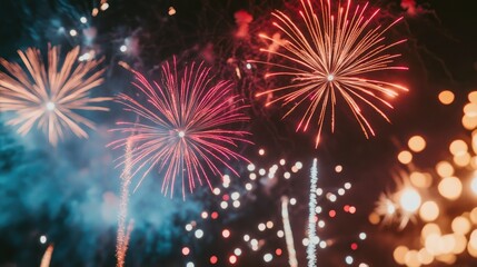 A close-up of colorful fireworks exploding against a dark background, with plenty of clear sky for text placement.