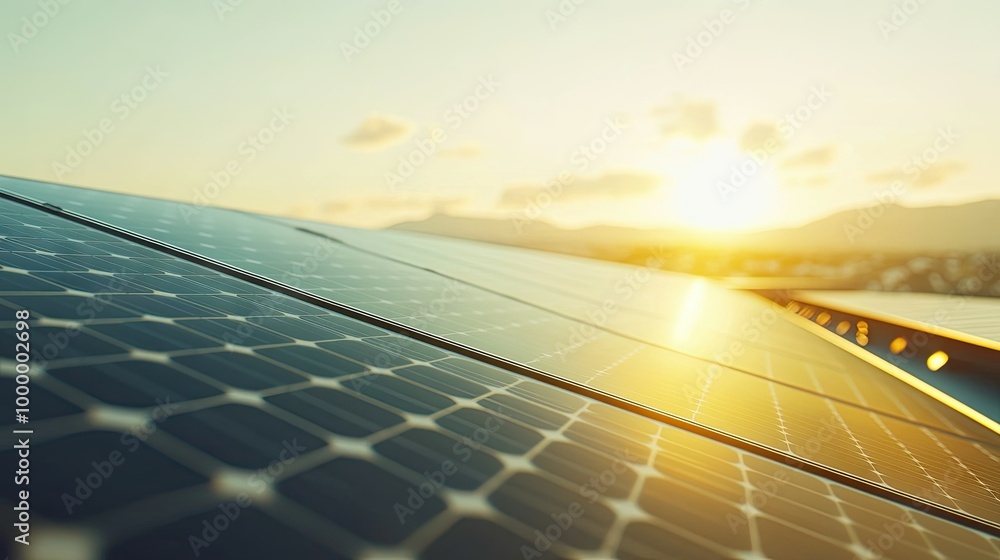 Poster a close-up of solar cells on a rooftop, with a clear sky above and ample space for adding text.