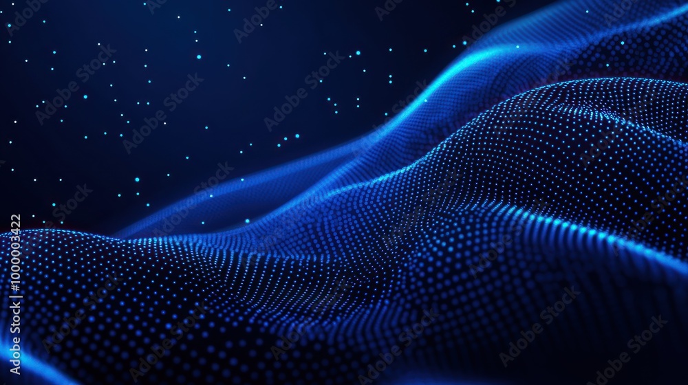 Poster abstract representation of flowing waves illuminated by blue light in a digital space.