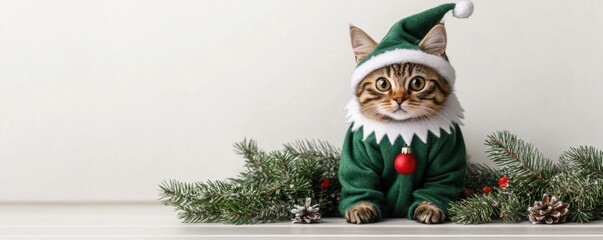 Cat in Christmas elf costume concept. A cute cat dressed as an elf sits beside festive greenery, perfect for holiday themes and Christmas decorations.