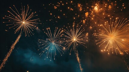 Fototapeta premium A dazzling display of fireworks bursting in the night sky, with ample open space above for adding text.