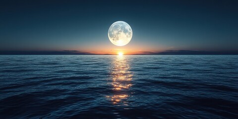 A serene moonlit sea with the reflection of a setting sun shimmering on the water
