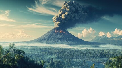 Fototapeta premium A distant view of a volcano erupting with ash and smoke billowing, leaving room in the sky for copy.
