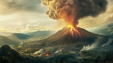 Fototapeta premium A distant view of a volcano erupting with ash and smoke billowing, leaving room in the sky for copy.