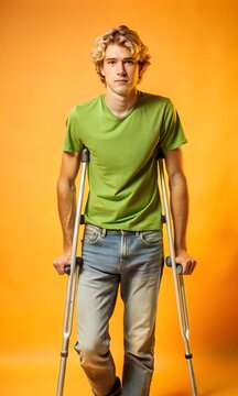 Retrato de estudio de un hombre joven que usa muletas