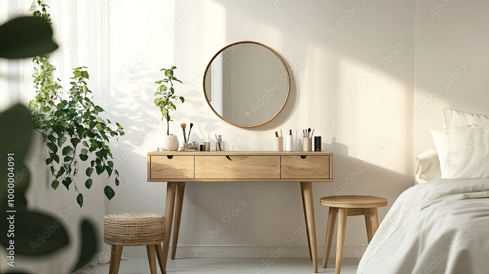 Poster a dressing table in a bright bedroom, neatly organized with space on the wall for adding text.