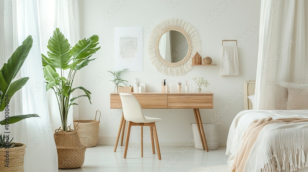 Poster a dressing table in a bright bedroom, neatly organized with space on the wall for adding text.