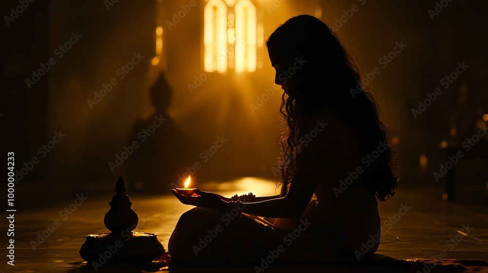 Poster silhouette of a diya casting a gentle light, creating a festive atmosphere.