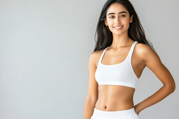 Fototapeta premium A beautiful young Indian woman, wearing white shorts and a tank top, stands confidently