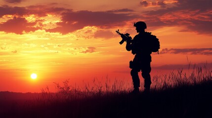 Fototapeta premium Silhouette of Soldier with Rifle at Sunset in Grassy Field